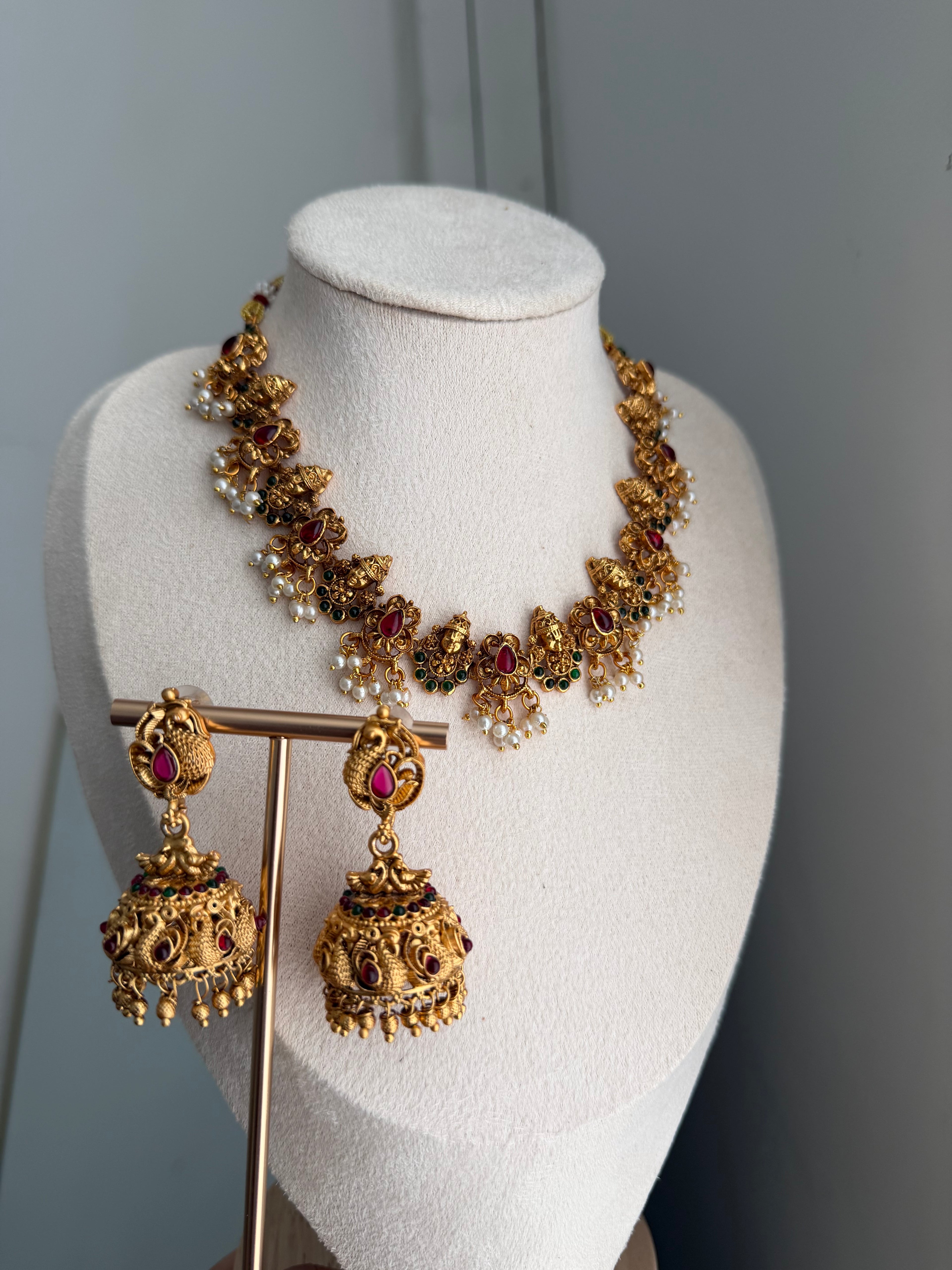 Gold Plated Temple Jewellery Set | Necklace & Jhumka Earrings