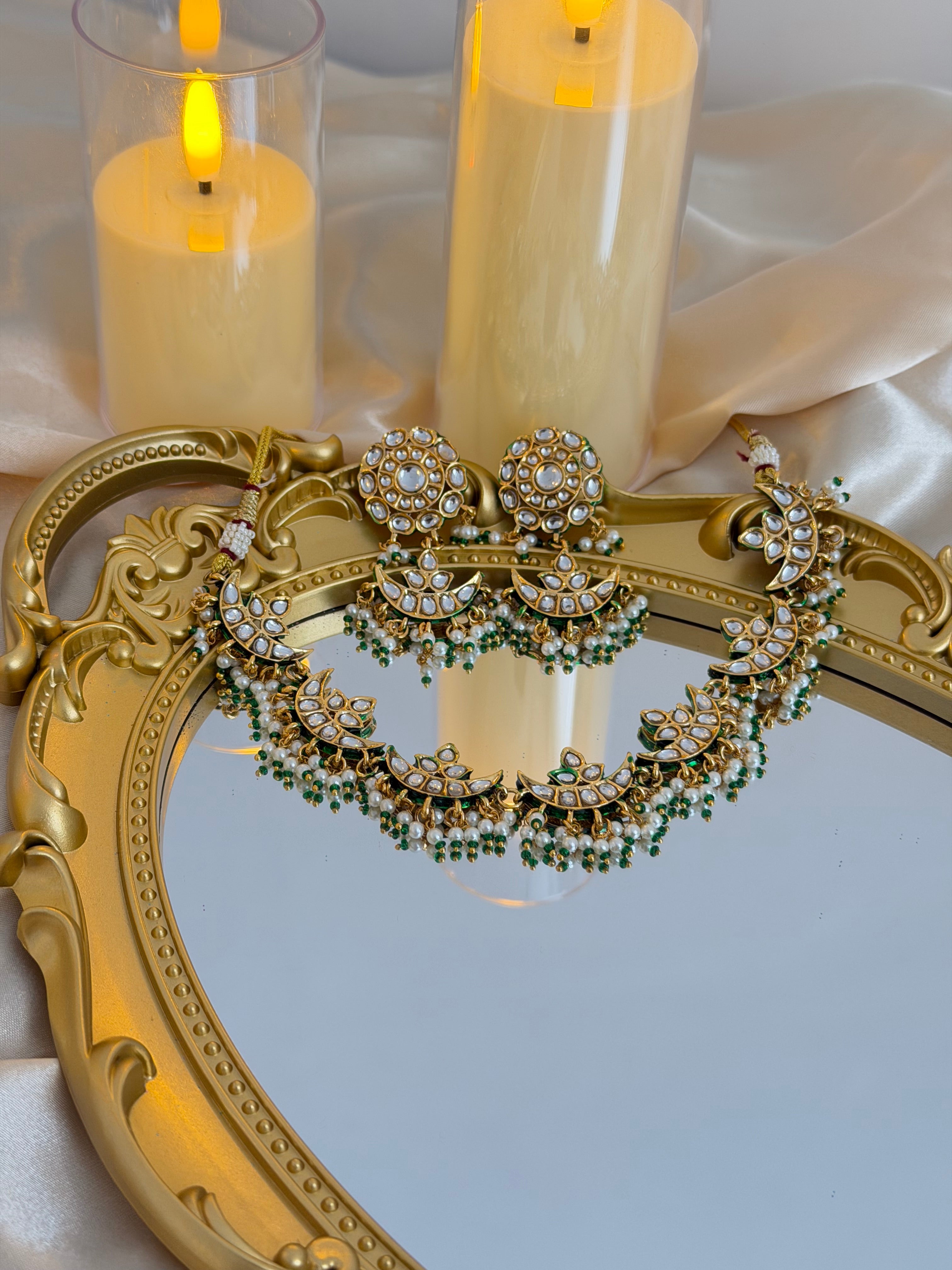 Emerald Crescent Kundan Necklace Set
