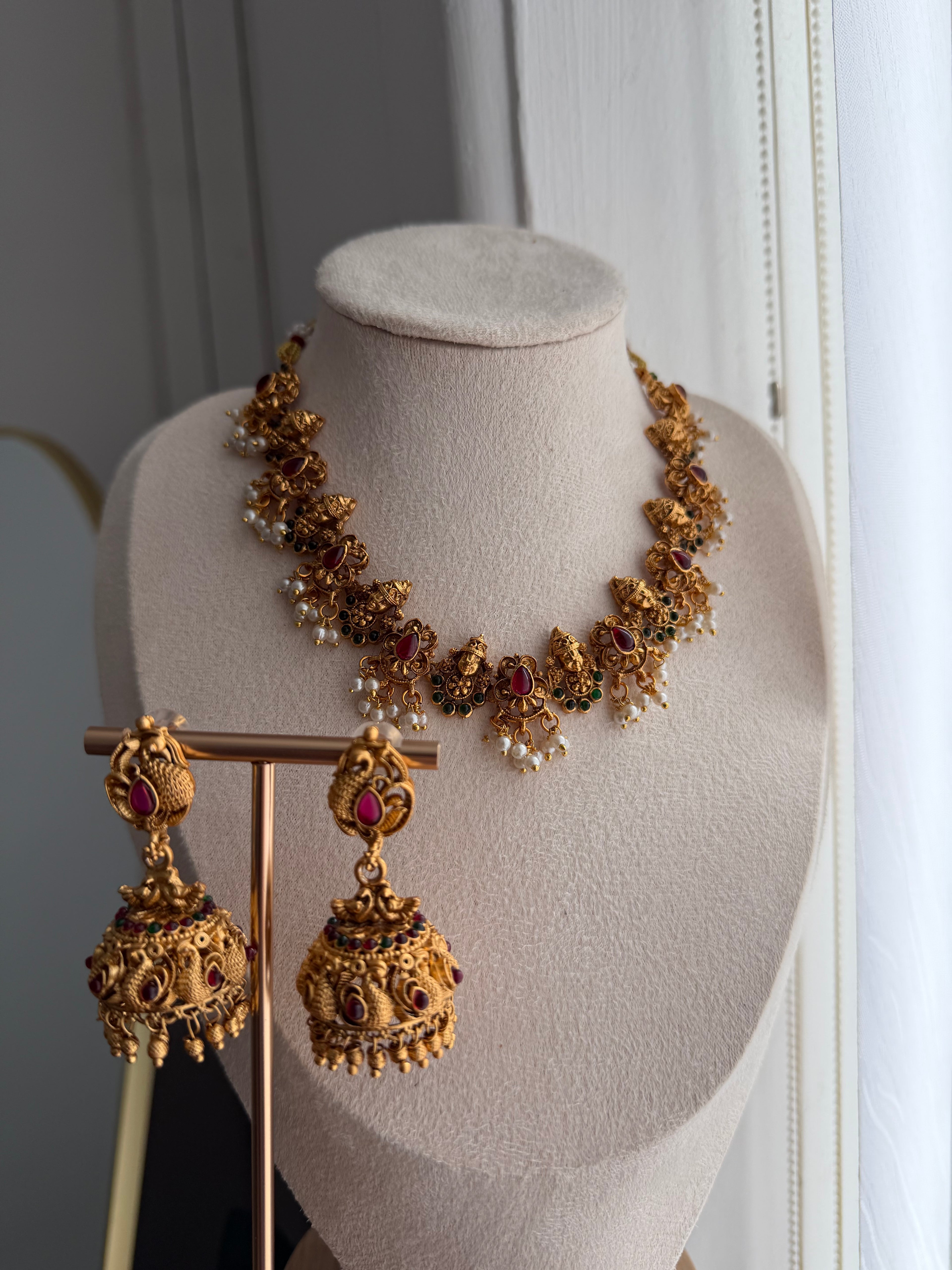 Gold Plated Temple Jewellery Set | Necklace & Jhumka Earrings