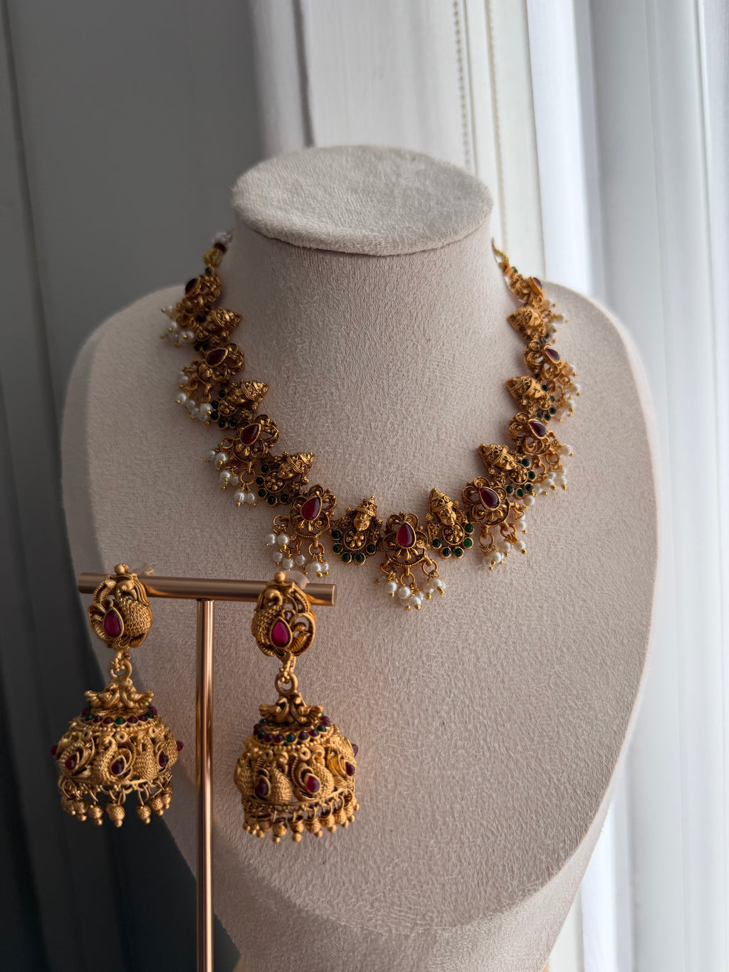 Gold Plated Temple Jewellery Set | Necklace & Jhumka Earrings