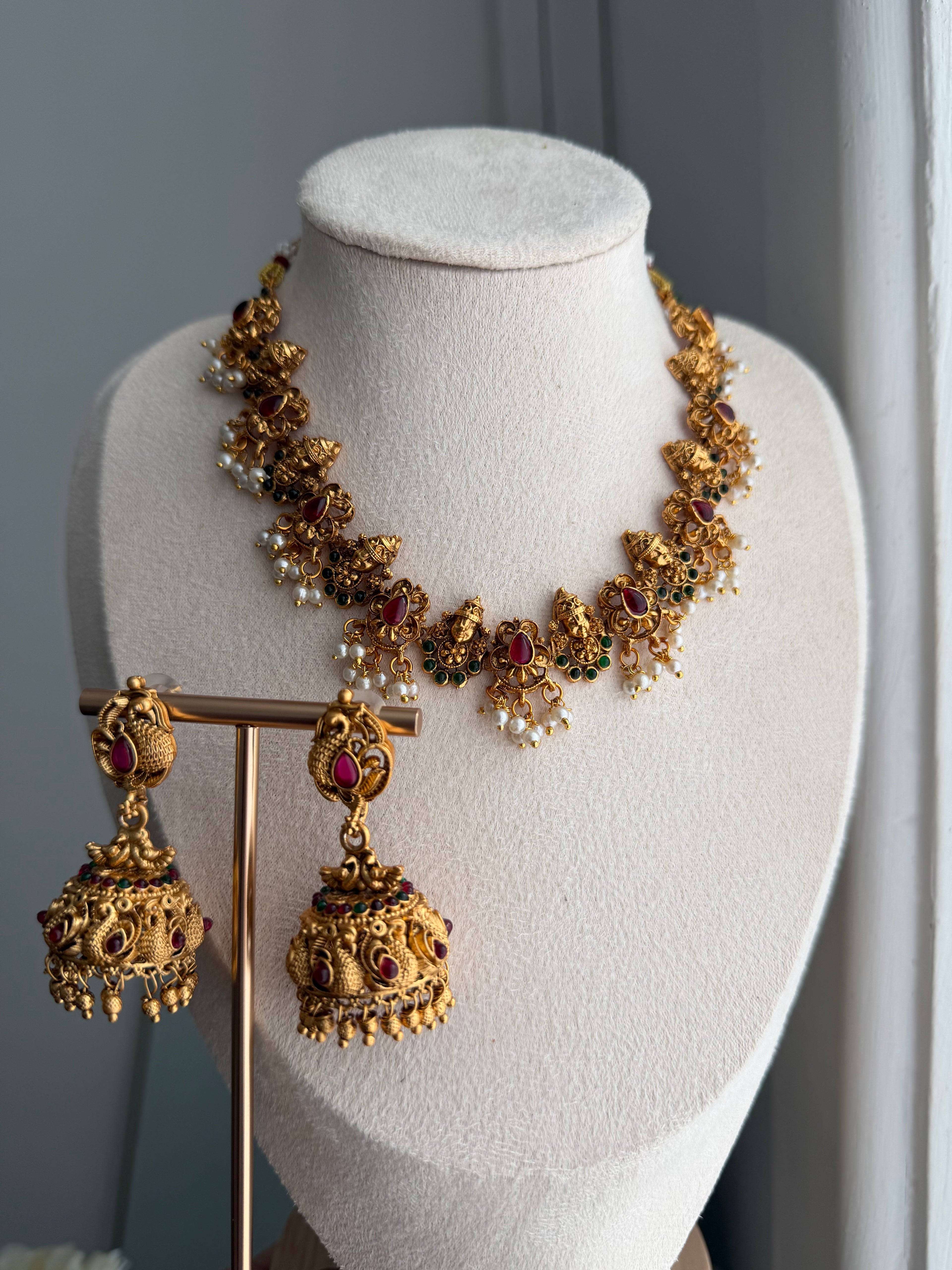 Gold Plated Temple Jewellery Set | Necklace & Jhumka Earrings