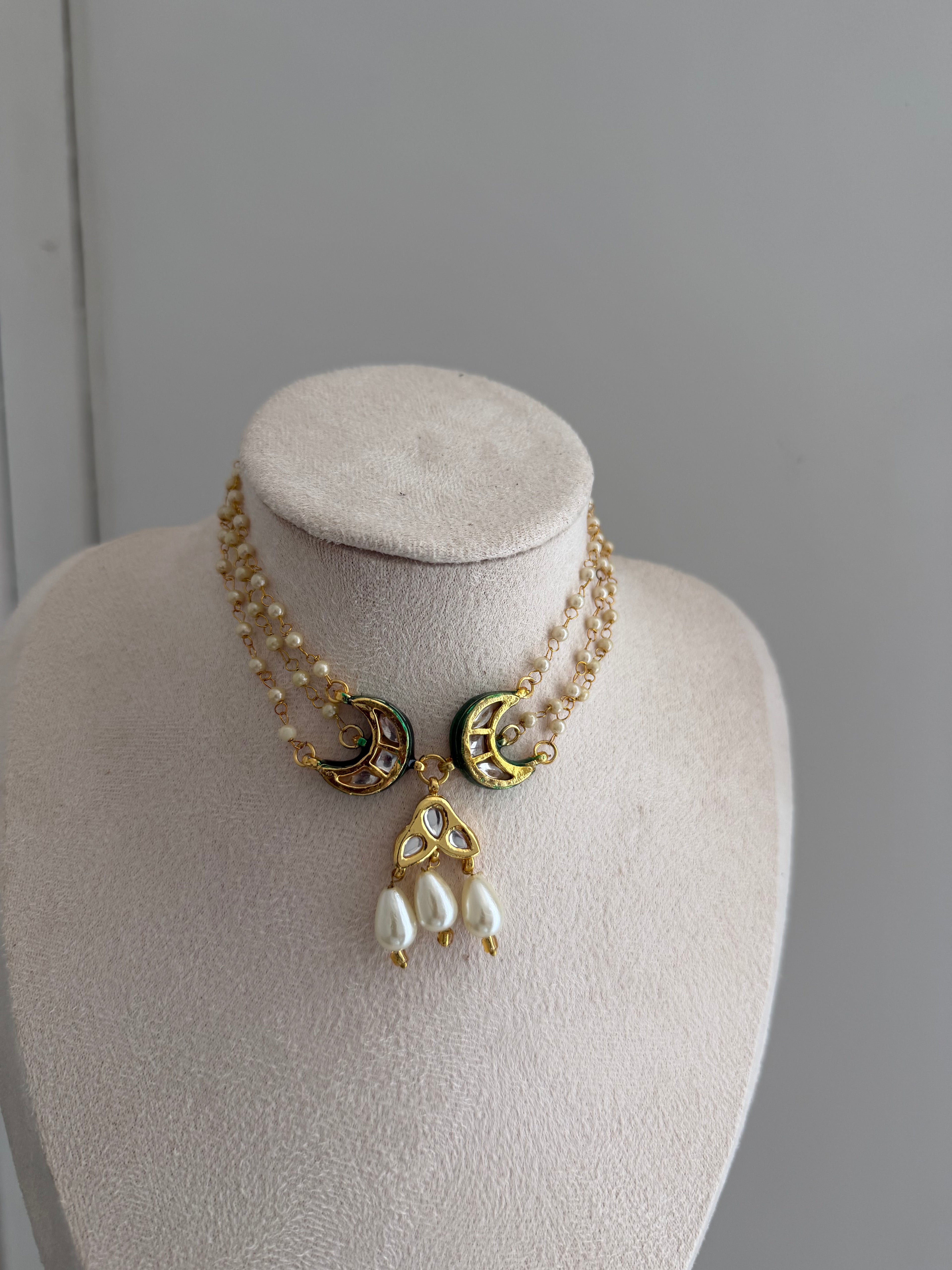 Kundan Crescent Pearl Choker Necklace – Gold Plated